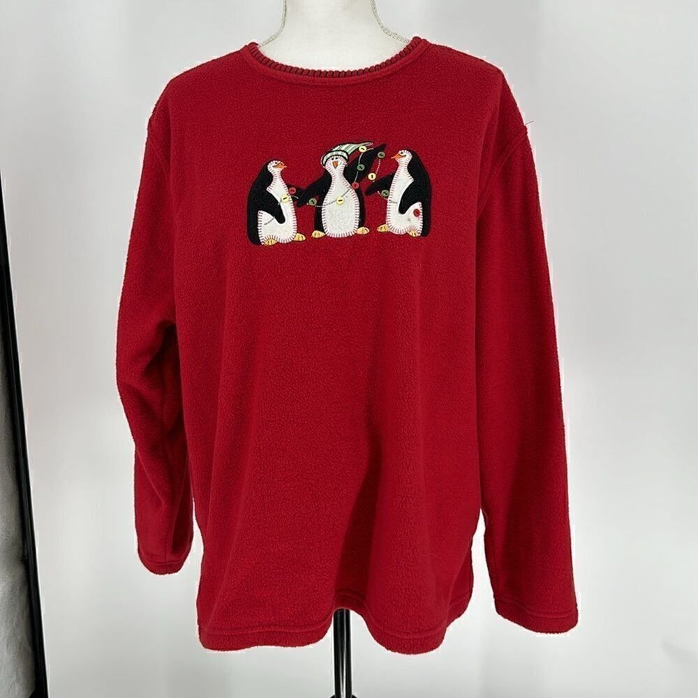 Vintage Cathy Daniel’s Red Fleece Christmas 3 Penguin Sweatshirt Size XL